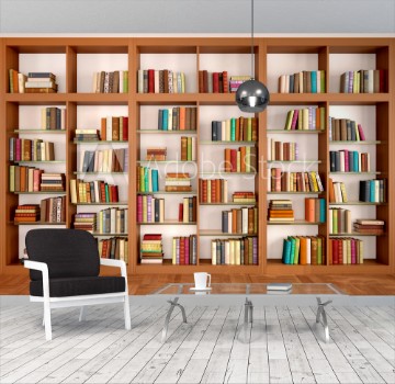 Picture of Wooden and glass shelves with different books Library 3d illus